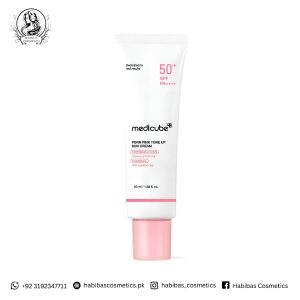 Medicube PDRN Pink Tone Up Sun Cream SPF50+ PA++++ 50ml tube with pink cap on white background. Shows SPF50+ PA++++, PDRN Sodium DNA and Glutathione. Habibas Cosmetics logo and contact details visible.